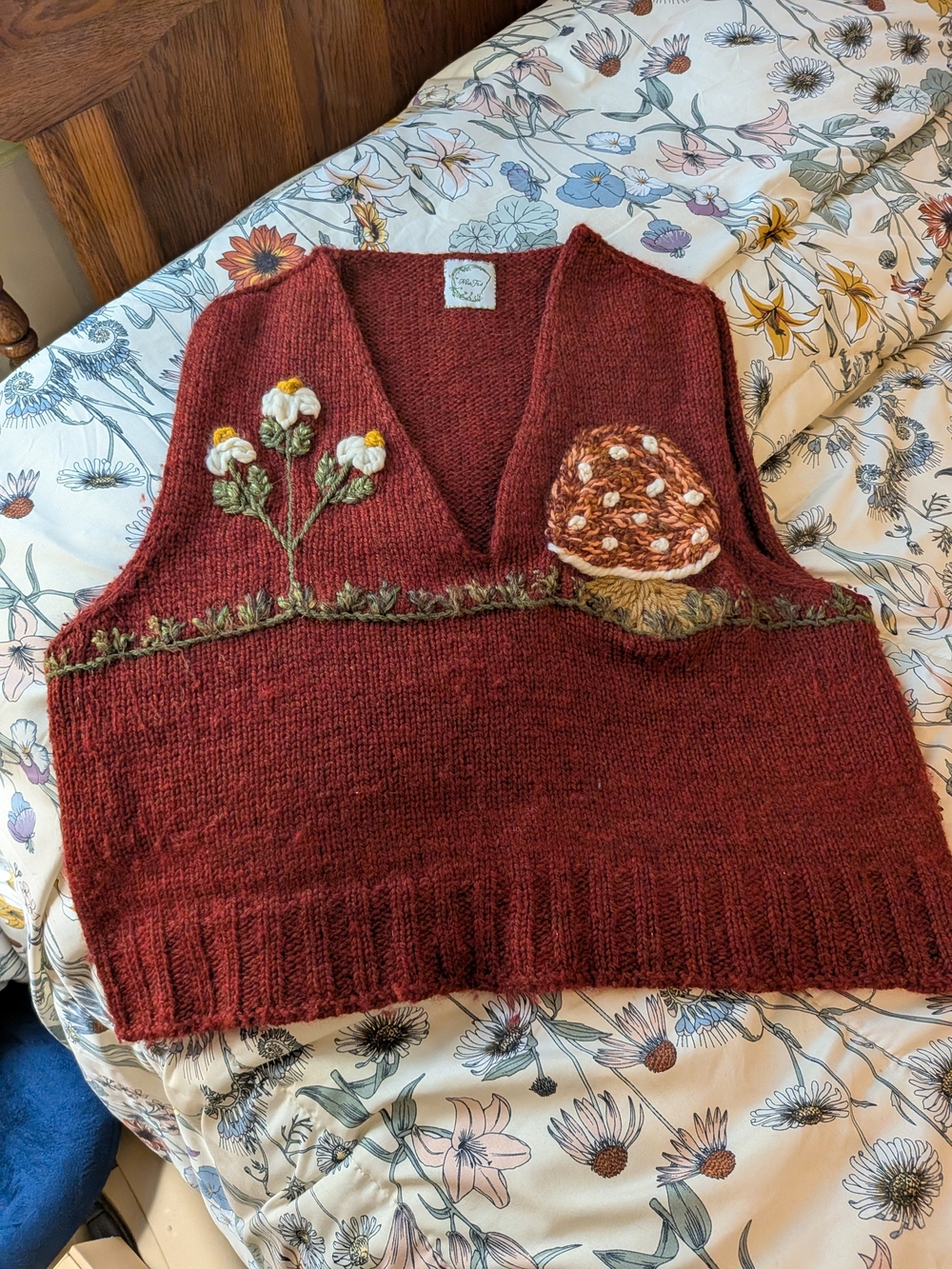 Nest Fed Artist Handmade Rust Red Knit Vest with Embroidered Mushroom & Flowers